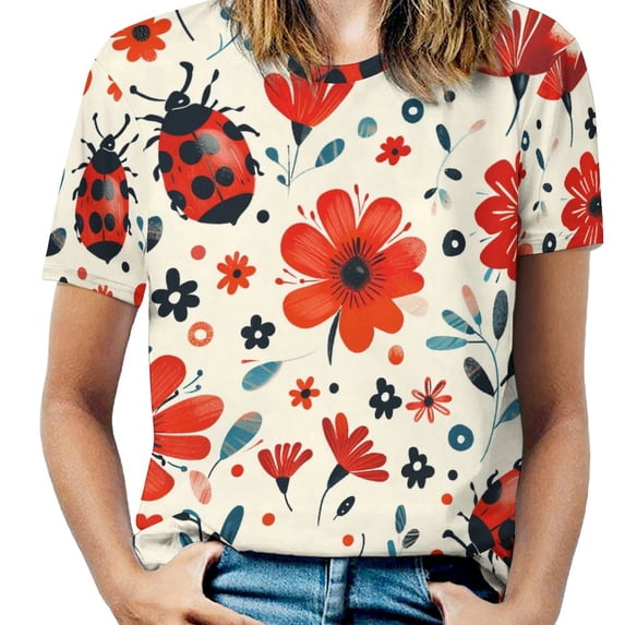 Ladybug Floral Print Women's T-Shirt Short Sleeve T Shirts Tops Tee Ladies Loose T