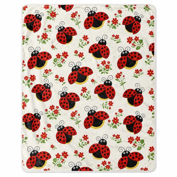 Ladybug Floral Sherpa Blanket, Soft Polyester Fleece Throw for Sofa or Travel