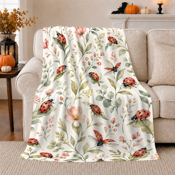 Ladybug Floral Watercolor Garden, Cozy Friendship Quote Scene, Warm Flannel Blanket for Living Room and Reading Nook, Art Lovers Friendship Gift, Artistic Home Decor