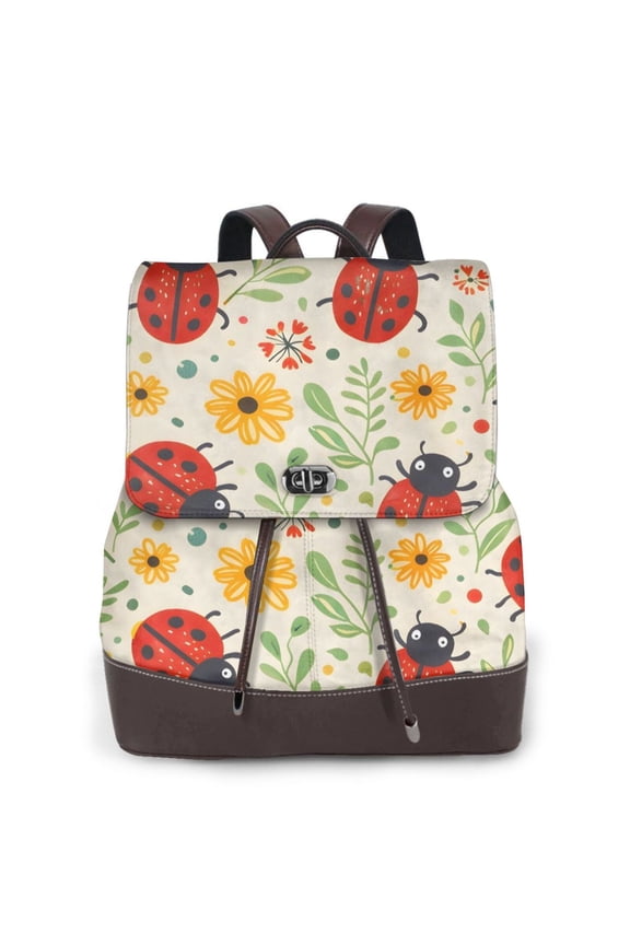 Ladybug Floral Women's Leather Backpack All-Over Print Bag for Work and Travel