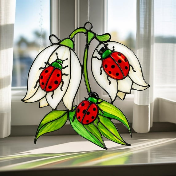 Ladybug Flower Acrylic Suncatcher, White Bell Flower and Ladybugs Faux Stained Glass Window Hanging, Spring Garden Window Decor