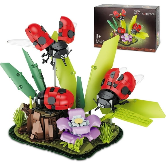 Ladybug and Flower Building Block Set, Movable Joints, Simulated Geranium, With Plant Base - Suitable for Children's Puzzle Creation Gift, Adult Decompression Collection Toy741pcs