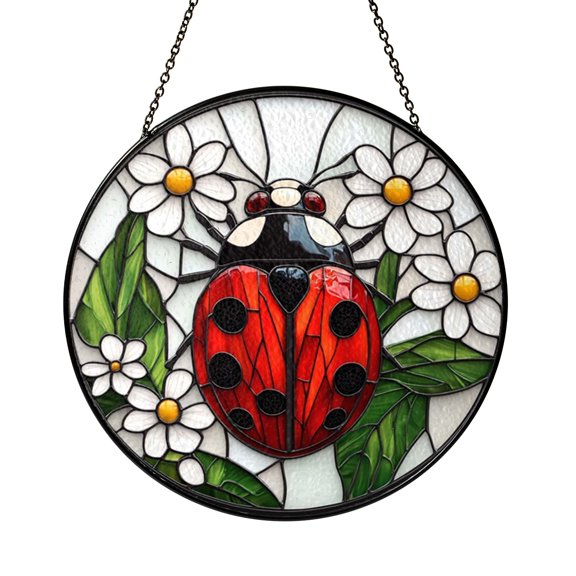 Ladybug Flower Faux Stained Glass Suncatcher, Nature Inspired Window Decor for Light Filled Homes