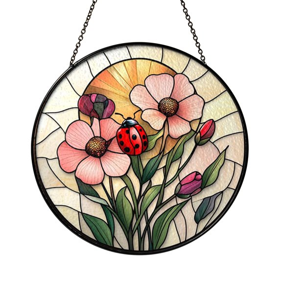 Ladybug Flower Glass Style Suncatcher Window Hanging, Garden Nature Art Panel, Decorative Ornament Accent Gift