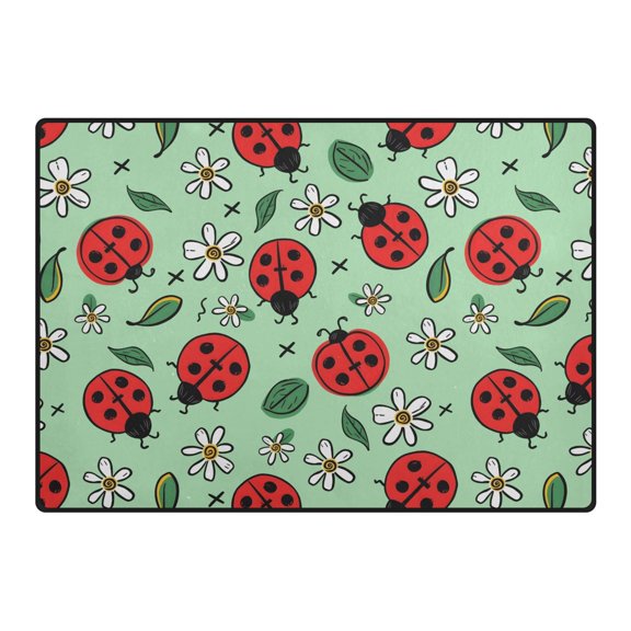Ladybug Flower Pattern Area Rug 80x58 Inch Non Slip Absorbent Soft for Living Room Dining