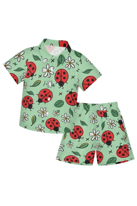 Ladybug Flower Pattern Boys' Hawaiian Shorts Sets Button Down Shirts 3T-10Y for Beach Vacation