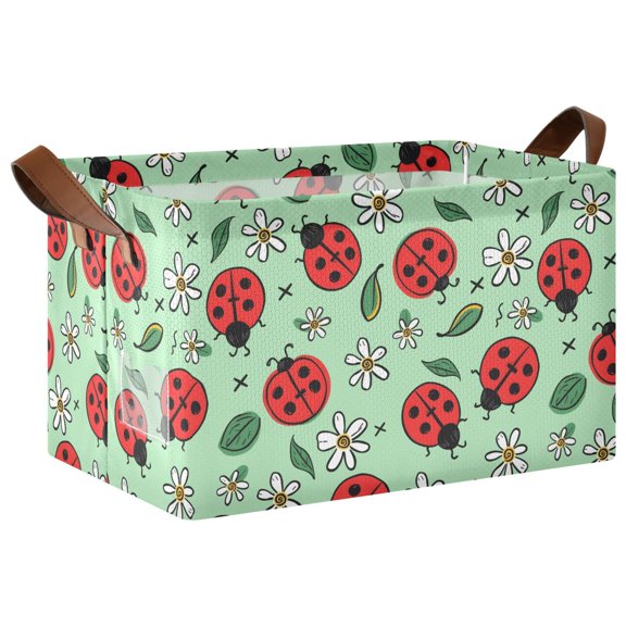 Ladybug Flower Pattern Collapsible Storage Bin Open Home Shelf Basket Water-Resistant Iron Frame Large 2 Pack