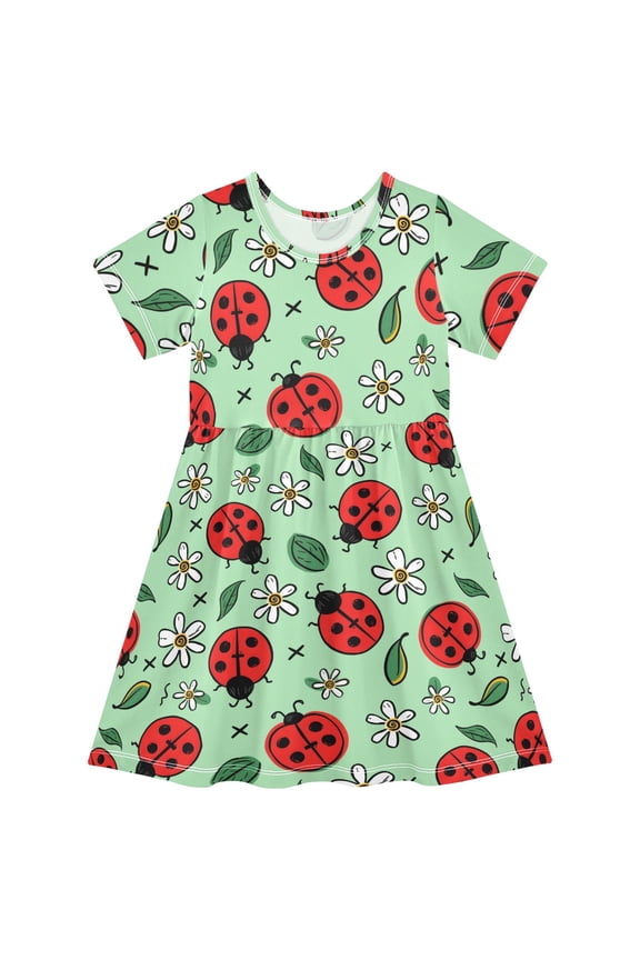Ladybug Flower Pattern Girls Short Sleeve Dress A Line Sun Protection Breathable Comfort Sundress 4T