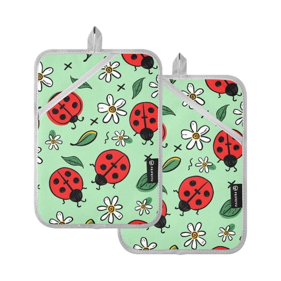 Ladybug Flower Pattern Pot Holder Set 2 Piece Non-Slip Oven Hot Pads Heat Resistant Durable 7x9.8in