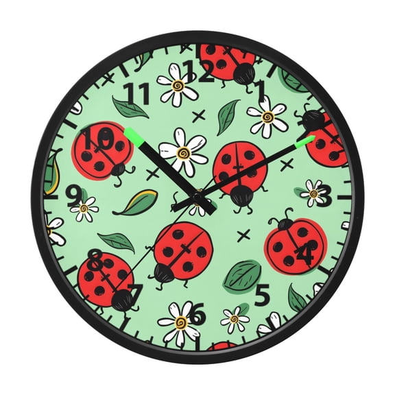 Ladybug Flower Pattern Wall Clock 12 Inch Voice Activated Night Light Silent Non Ticking