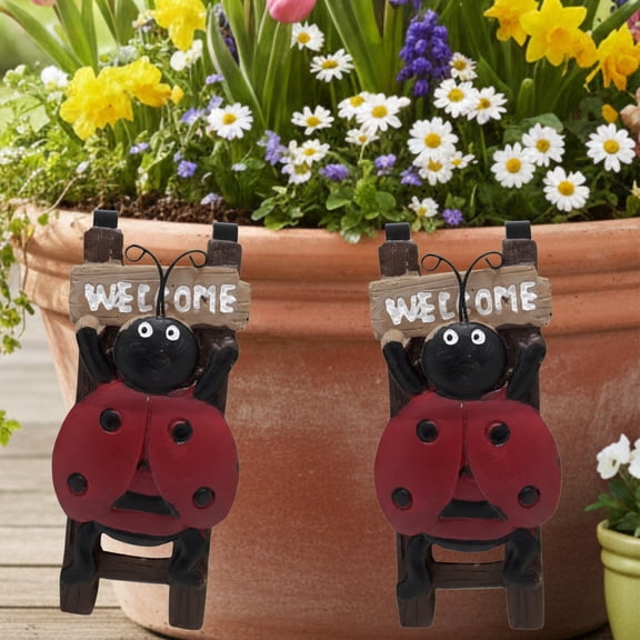 Ladybug Flower Pot Hugger Figurine 2 Pack, 2x5-in Polyresin Red & Black Ladybug with Welcome Sign Climbing Ladder Metal Hooks for Planters, Indoor Outdoor Plants Garden Decor
