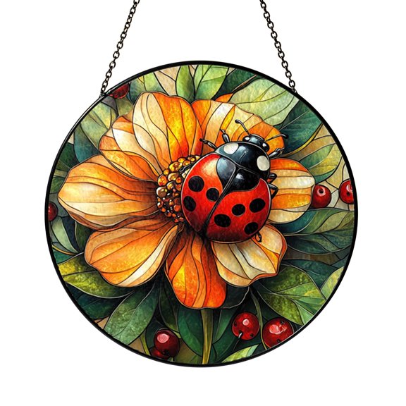 Ladybug Flower Window Suncatcher, Nature Inspired Stained Glass Style Gift for Her, Spring, or Holiday Decor