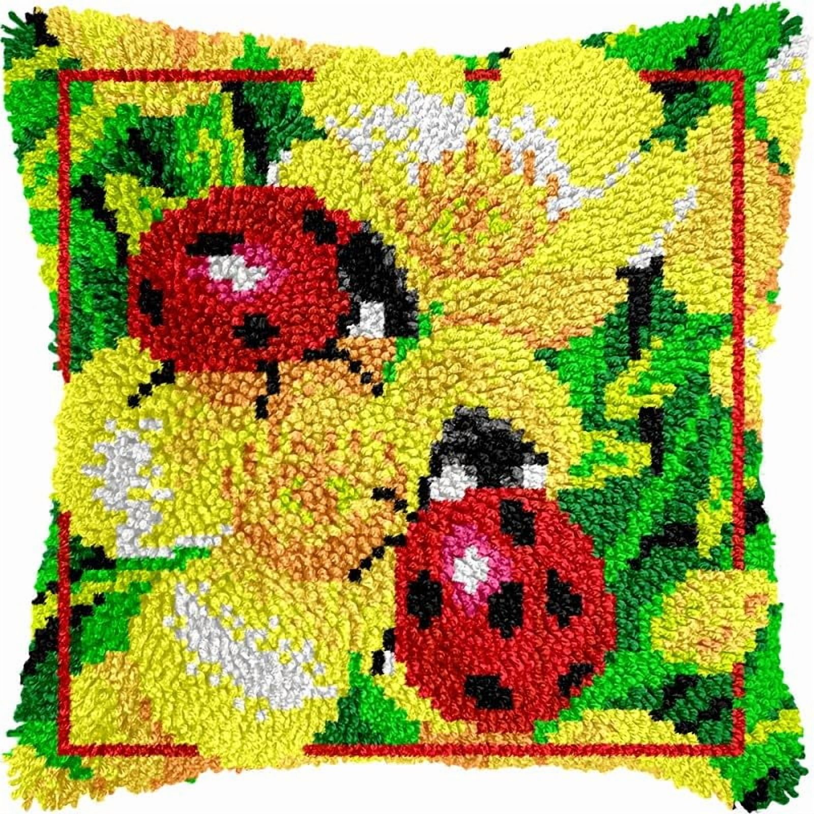 Ladybug & Flowers Latch Hook Pillow Kits Pillow Cover with Pattern Printed Canvas Crochet Cross Hooking Pillowcase Cushion Crafts Embroidery Latch Hooking Crochet Kits 17x17 inch(19)