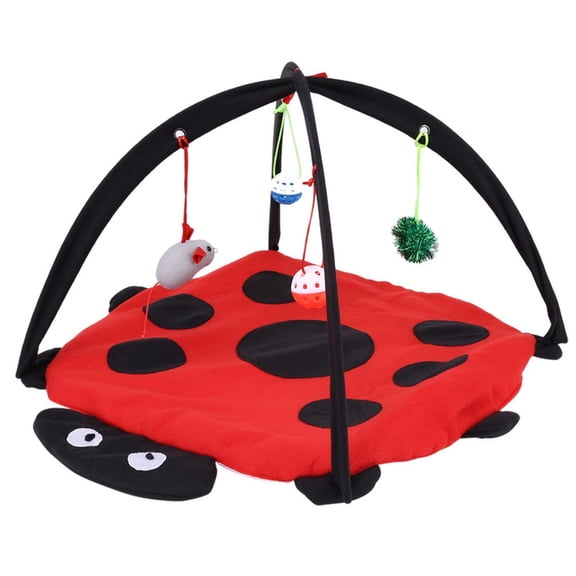 Ladybug Foldable Cat Play Mat, Interactive Mat with Hanging Toy Balls & Mouse for Indoor Kittens