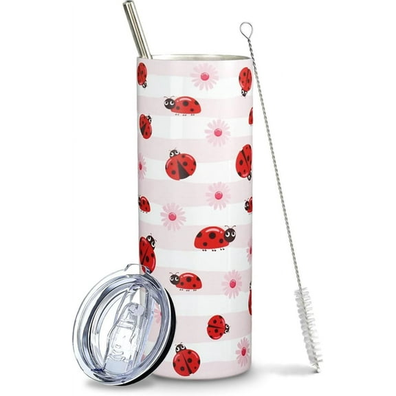 Ladybug Gifts for Women Girls, Cute Ladybugs Daisy Floral Tumbler Cup Coffee Travel Mug, Lady Bug Pink Metal Thermal Insulated Tumblers 20 Oz, Ladybug Decor Accessories Stuff, Kawaii Gifts