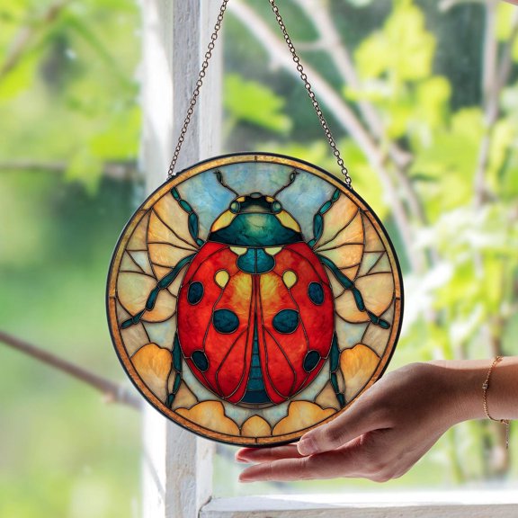 Ladybug Glass Suncatcher v2, Colorful Nature Bug Art, Garden Kitchen Window Decor, 3.5 in