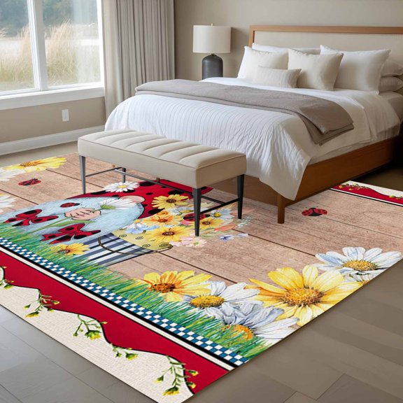 Ladybug Gnome 6x9 Rug for Dining Room Table and Chair Setup, Country Summer Rustic White Yellow Daisy Floral Wood Grain Low Pile Washable Non Slip Rectangle Area Rug