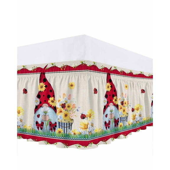 Ladybug Gnome Bed Skirt Queen Size 16 Inch Drop, Country Summer Rustic White Yellow Daisy Floral Adjustable Elastic Dust Ruffles Bedskirt for Queen Bed Wrap Around Pleated Mattress Frame Cover
