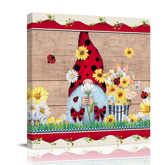 Ladybug Gnome Canvas Wall Art for Living Room, Country Summer Rustic White Yellow Daisy Floral Wood Grain Poster Print Painting for Bedroom Office Home Decoration Wall Pictures Prepare To Hang 8"x8"