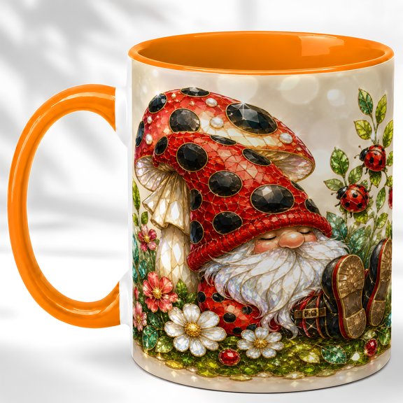 Ladybug Gnome Coffee Mug, Mushroom Garden Mug, Ceramic 11 oz