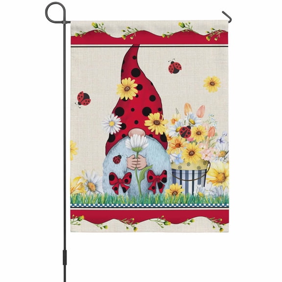 Ladybug Gnome Garden Flag 12 x 18 Inches, Country Summer Rustic White Yellow Daisy Floral Linen Texture Weather Proof Outdoor Patio Flags Double Sided Small Garden Decoration for Yard Outside Home