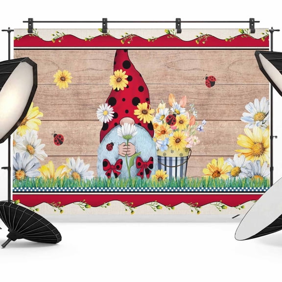 Ladybug Gnome Photography Backdrop 7x5FT, Country Summer Rustic White Yellow Daisy Floral Wood Grain Photo Backdrops, Background for Photography Studio, Back Drop for Photoshoot