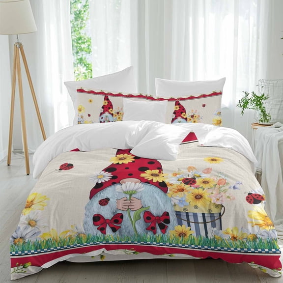 Ladybug Gnome Queen Size Comforter Set, Country Summer Rustic White Yellow Daisy Floral Bedding for All Seasons, 4 Pcs Bed Set, 1Quiltcover (90"x92") ,1Sheet(94"x116"), 2Pillowcases (30"x20")