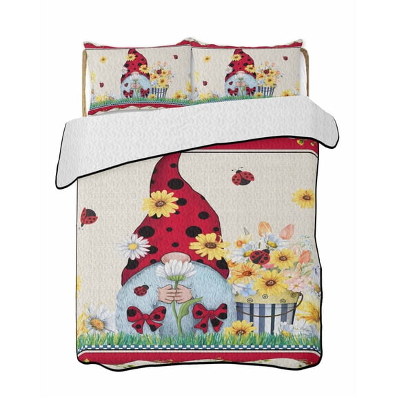 Ladybug Gnome Quilts Bedding Set Twin Size Country Summer Rustic White Yellow Daisy Floral Linen Texture Lightweight Quilted Bedspread 3 Piece Bed Quilt with 2 Pillow Shams for Bedroom 68" x 86"