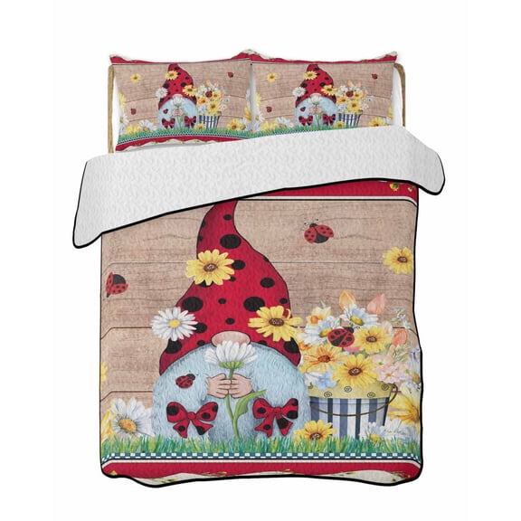 Ladybug Gnome Quilts Bedding Set Twin Size Country Summer Rustic White Yellow Daisy Floral Wood Grain Lightweight Quilted Bedspread 3 Piece Bed Quilt with 2 Pillow Shams for Bedroom 68" x 86"