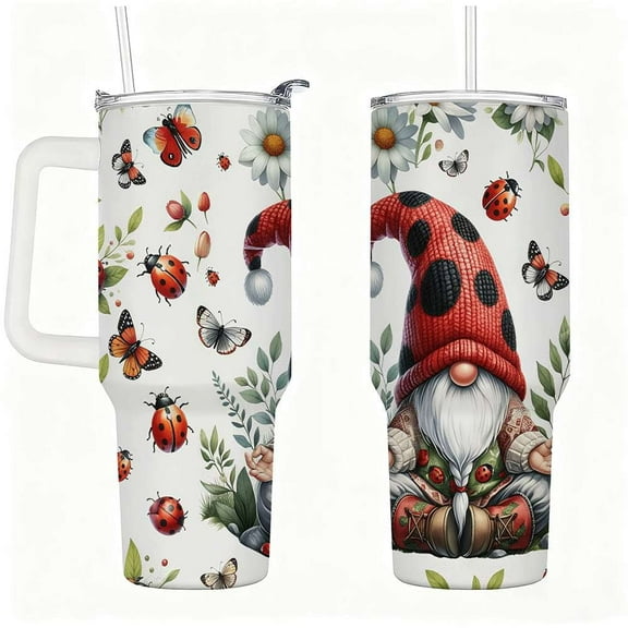 Ladybug Gnome Tumbler with Lid and Straw, Butterfly & Floral Print Travel Cup