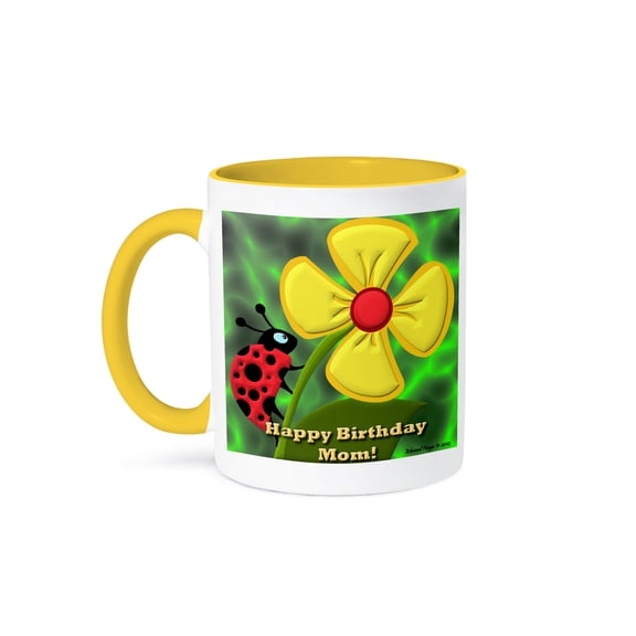 Ladybug Happy Birthday Mom, 11oz Two-Tone Yellow Mug