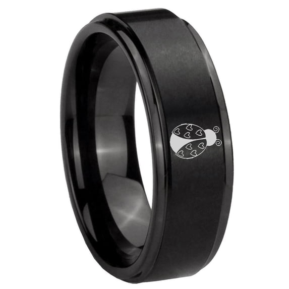 Ladybug Heart 8MM Step Edge Brush Black Tungsten Men Ring