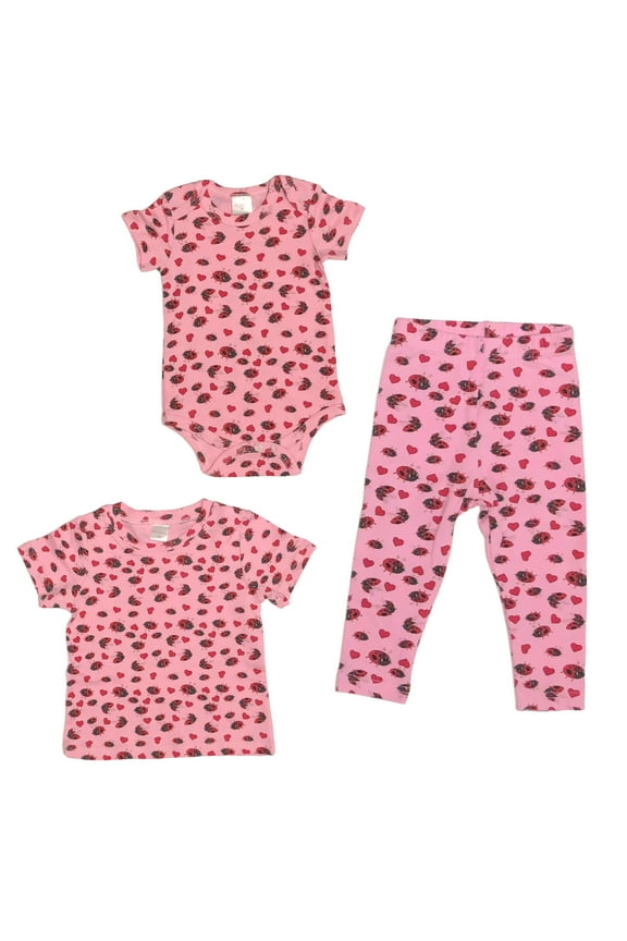 Ladybug Hearts All Over Pattern - Baby Girl 2-Piece Clothing Set | Onesie Bodysuit or T-shirt with matching Leggings | Short Sleeve | Cotton | Baby Shower Gift | 0-36 months