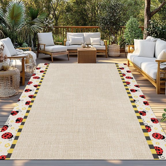 Ladybug Indoor Outdoor Rugs 5x7 Ft, Yellow Daisy Floral Insects Pastoral Style Linen Texture Outdoor Patio Rugs Mat Washable Outside Area Rugs Carpet for Porch Deck RV Camping Pool Balcony Backyard
