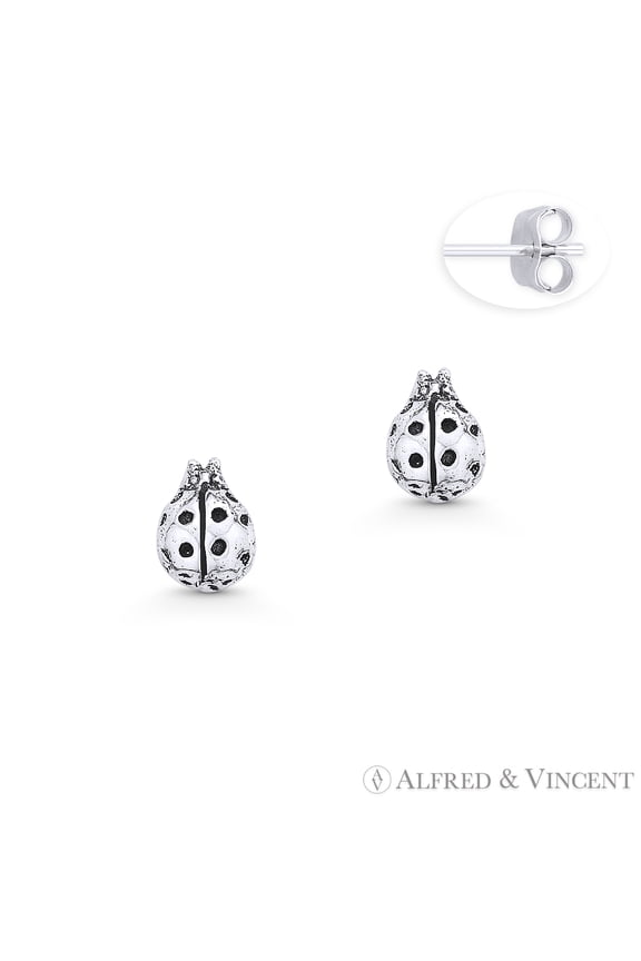Ladybug Insect Lady-Luck Charm Stud Earrings in Oxidized .925 Sterling Silver