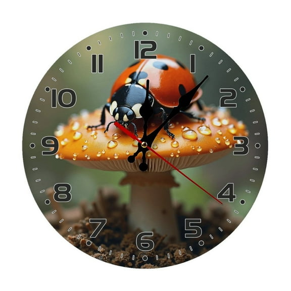 Ladybug Insect Wall Clock 10 Inch Silent Non Ticking Round Wooden Clock Decoration for Living Room Kitchen Bedroom Bathroom Office Classroom