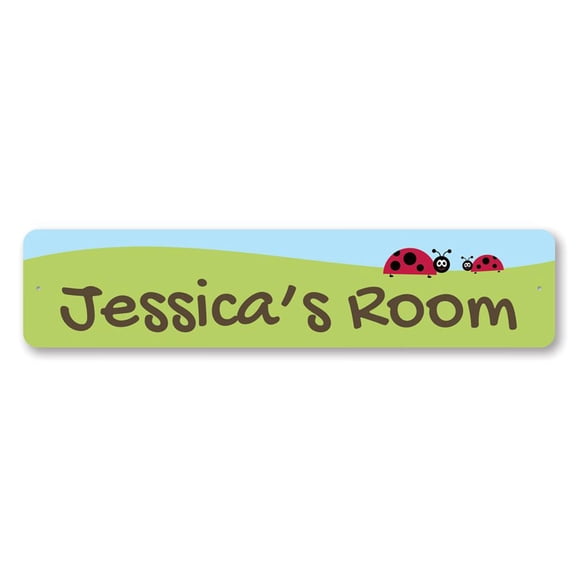 Ladybug Kid Room Sign, Custom Child Name Bedroom Decor, Bug Lover Nature Playroom Sign, Kid Bedroom Aluminum Sign - 4x18 inches