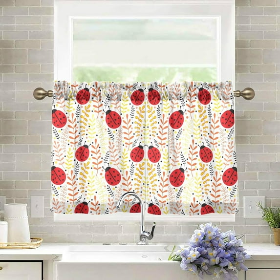 Ladybug Kitchen Curtains Cafe Curtains Washable Short Curtains for Small Window Bathroom Farmhouse Kitchen Basement Half Window Curtain, 27 x 24 inch Length, 2 Panels