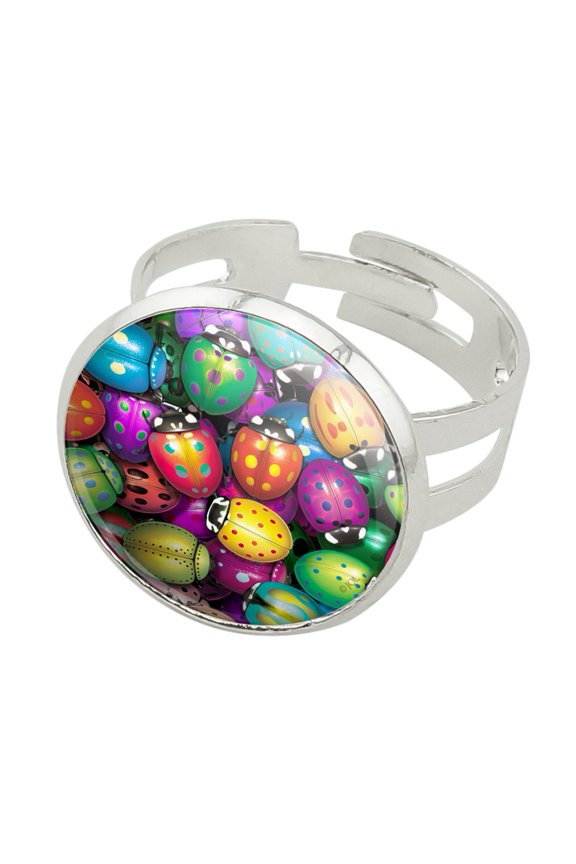 Ladybug Lady Bug Rainbow Silver Plated Adjustable Novelty Ring