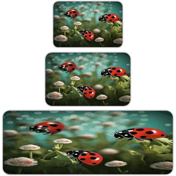 3pc Ladybug Kitchen Rugs , Non-Slip Washable Anti-Fatigue Floor Mats for Farmhouse, Laundry & Office