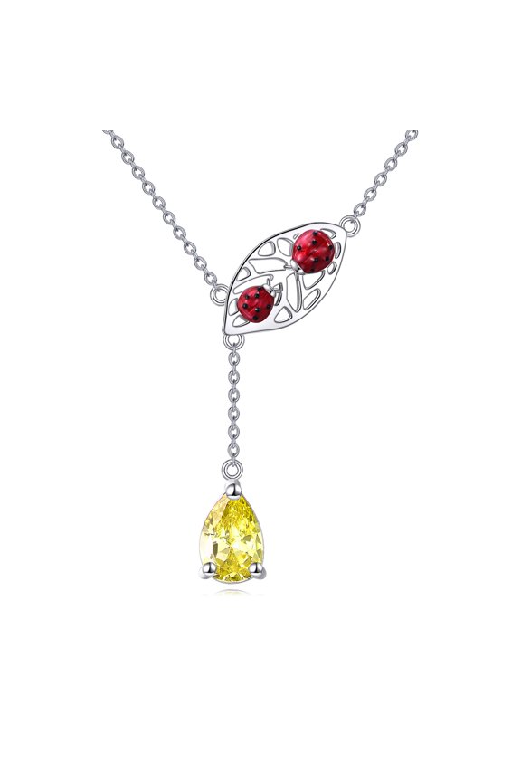 Ladybug Leaf Necklace Sterling Silver Red Zircon Gemstone Jewelry Y necklac for Women