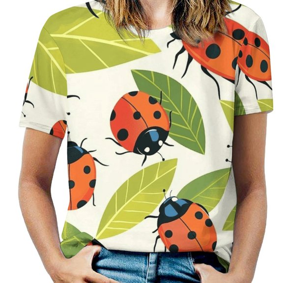 Ladybug Leaf Print-1 Womens Tops Women's Fashion Casual Short Sleeve Flower Print Round Neck Pullover Top Blouse