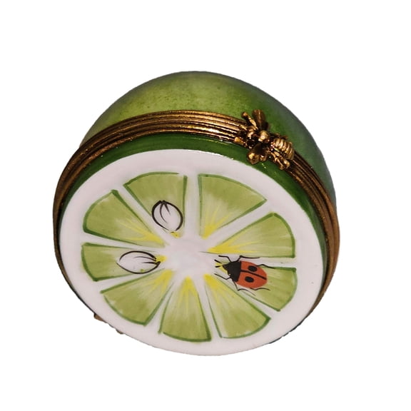 Large Half Lime w Lady Bug Keepsake Limoges Box Porcelain Figurine