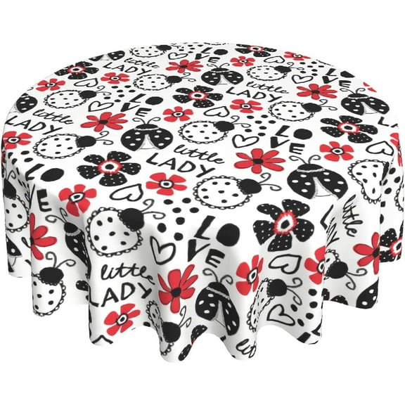 Ladybug Little Lady Round Tablecloth Love Ladybird Tablecloths Waterproof Stain-Resistant Oil-Proof Wrinkle 60 Inch Table Cover Dinner Kitchen Decor