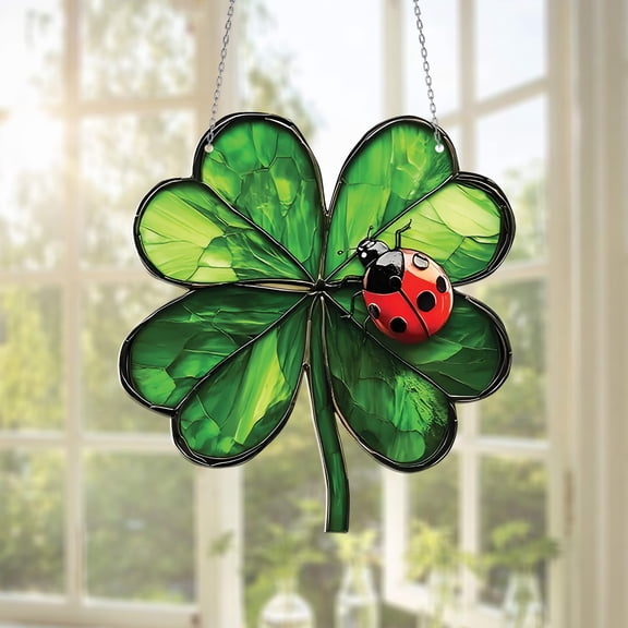 Ladybug on Lucky Clover Window Hanging, St. Patrick's Day Acrylic Ornament, Green Shamrock 2D Decoration, Irish Fortune and Good Luck Gift for Home or Car