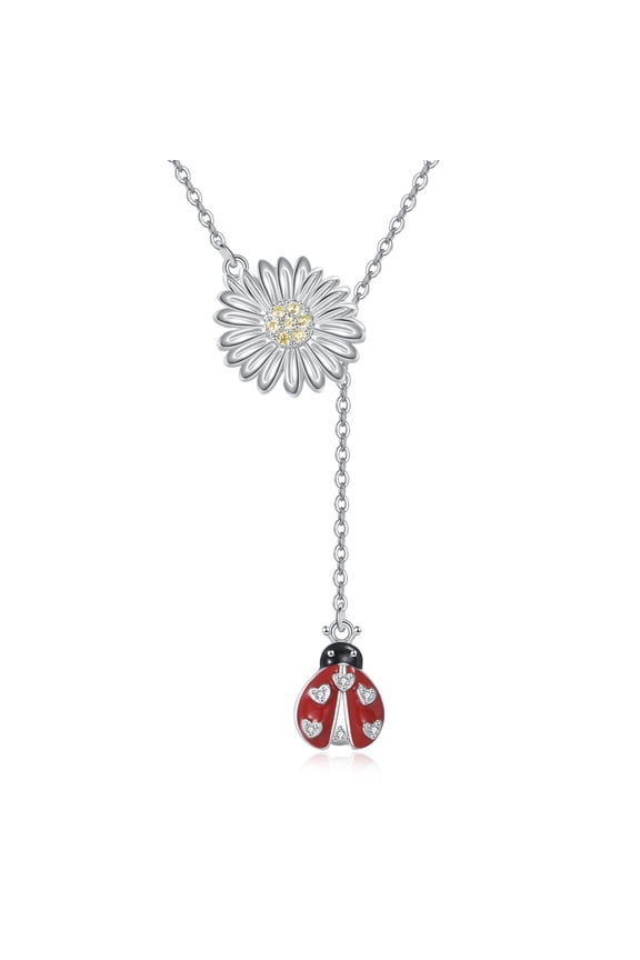 Ladybug Necklace 925 Sterling Silver Adjustable Lariat Y Daisy Pendant Necklace Nature Ladybug Jewelry Birthday Gift for Women Lover