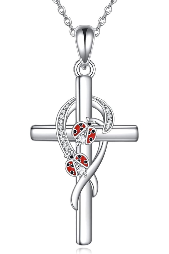 Ladybug Necklace for Women Sterling Silver Red Ladybug Cross Pendan Necklace Ladybug Jewelry Gifts for Women