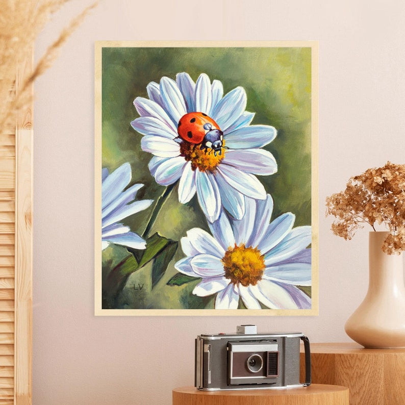 Ladybug On Daisy Flower Poster Nature Floral Aesthetic Wall Decor ...