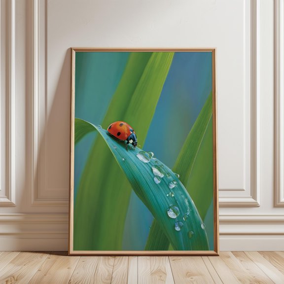 Ladybug On Leaf Dew Drops Botanical Nature Wall Art Print, Unframed Paper Print