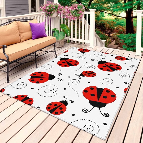Ladybug Outdoor Rug for Patio/Deck/Porch, Non-Slip Large Area Rug 3 x 5 Ft, Cartoon Red Black Dots Animals Modern Simple Indoor Outdoor Rugs Washable Area Rugs, Reversible Camping Rug Carpet Runner